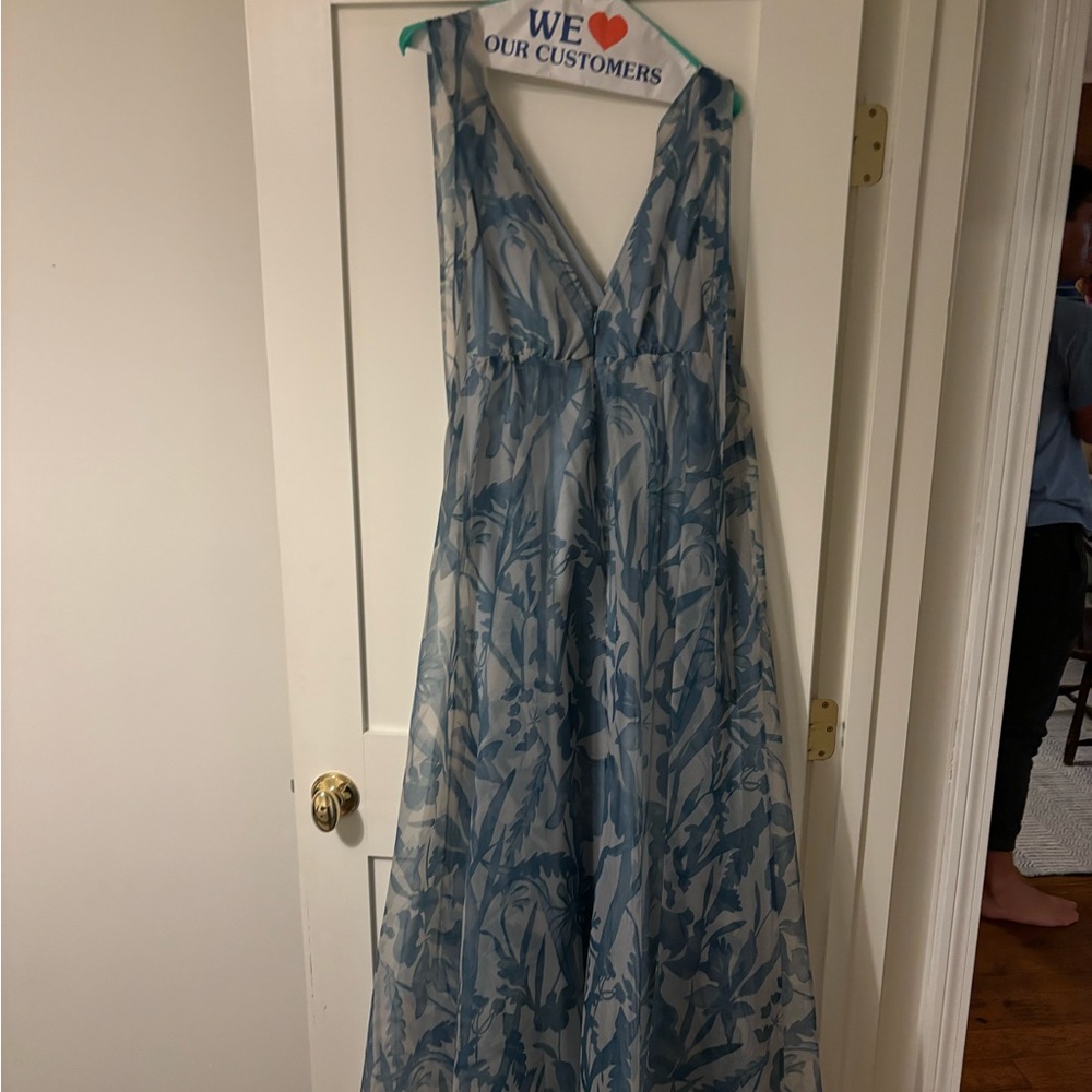 Staid Women’s Dandelion Tie strap floral tulle gown in sky wild flowers blue